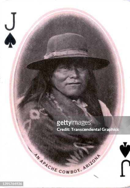 View of a 'Jack of Clubs' that features a member of the Apache tribe, described as a cowboy from a deck of playing cards, 1911. It was published, as...