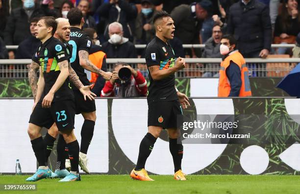 Lautaro Martinez of FC Internazionale celebrates after scoring their team's second goal during the Serie A match between FC Internazionale and Empoli...