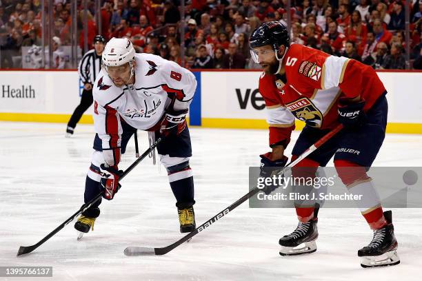 Alex Ovechkin of the Washington Capitals gets set for a face off along side of Aaron Ekblad of the Florida Panthers in Game Two of the First Round of...