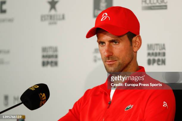 Novak Djokovic attends his press conference during the Mutua Madrid Open 2022 celebrated at La Caja Magica on May 06 in Madrid, Spain.