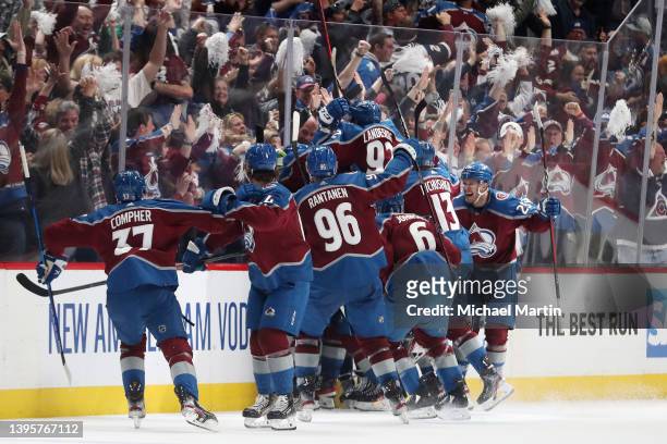 Members of the Colorado Avalanche celebrate the game-winning goal by Cale Makar against the Nashville Predators in Game Two of the First Round of the...