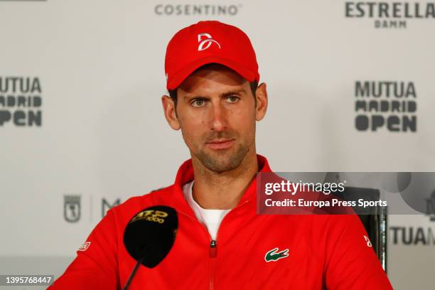 Novak Djokovic attends his press conference during the Mutua Madrid Open 2022 celebrated at La Caja Magica on May 06 in Madrid, Spain.