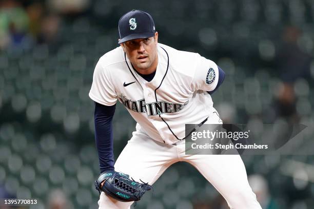 Robbie Ray of the Seattle Mariners looks on during the second inning against the Tampa Bay Rays at T-Mobile Park on May 05, 2022 in Seattle,...