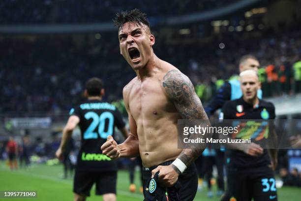 Lautaro Martinez of FC Internazionale celebrates after scoring their team's third goal during the Serie A match between FC Internazionale and Empoli...