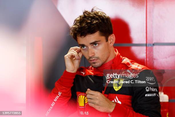 Charles Leclerc of Monaco and Ferrari prepares to drive in the garage prior to practice ahead of the F1 Grand Prix of Miami at the Miami...