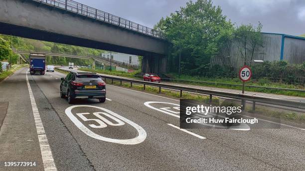 View of traffic travelling on the A470 between Coryton and Nantgarw where a 50mph speed limit has been introduced to reduce the NO2 emissions from...