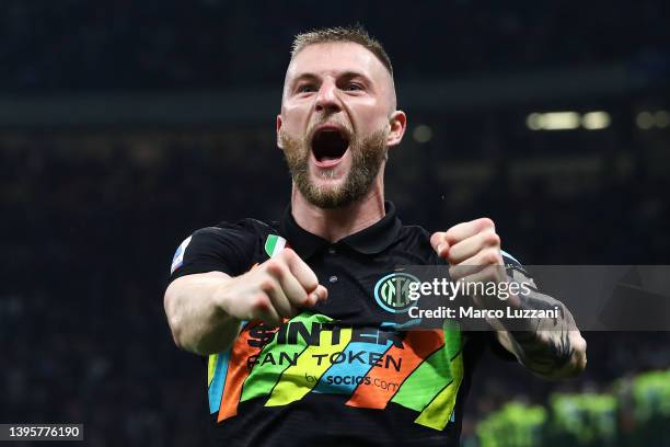 Milan Skriniar of FC Internazionale celebrates during the Serie A match between FC Internazionale and Empoli FC at Stadio Giuseppe Meazza on May 06,...