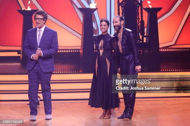 Daniel Hartwich, Amira Pocher and Massimo Sinató are seen on stage during the 10th show of the 15th season of the television competition show "Let's...