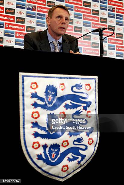 Temporary England Manager Stuart Pearce talks to the media during a press conference for the England Squad Announcement at Wembley Stadium on...