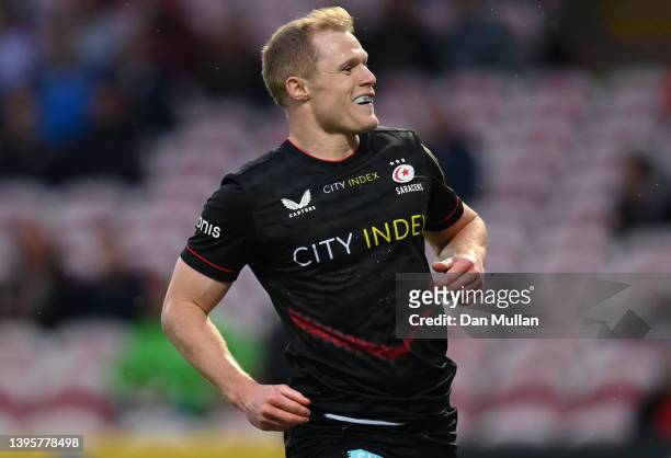 Aled Davies of Saracens celebrates scoring his teams first try during the EPCR Challenge Cup Quarter Final match between Gloucester Rugby and...