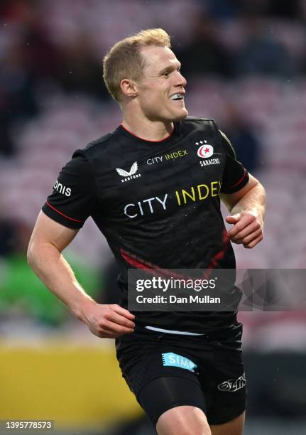Aled Davies of Saracens celebrates scoring his teams first try during the EPCR Challenge Cup Quarter Final match between Gloucester Rugby and...