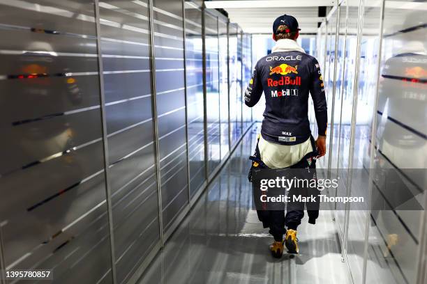 Max Verstappen of the Netherlands and Oracle Red Bull Racing walks in the garage during practice ahead of the F1 Grand Prix of Miami at the Miami...