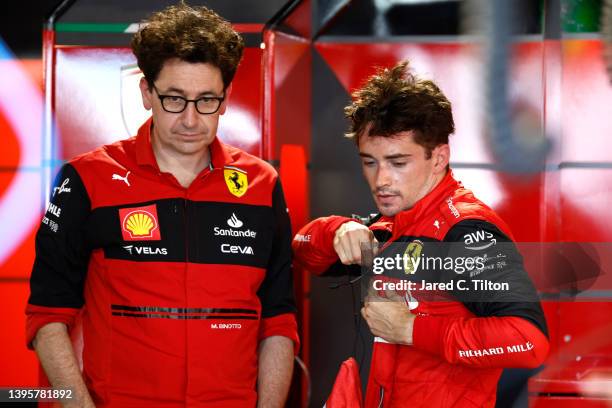 Charles Leclerc of Monaco and Ferrari and Scuderia Ferrari Team Principal Mattia Binotto look on in the garage during practice ahead of the F1 Grand...