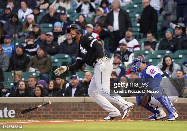 Jose Abreu of the Chicago White Sox hits a home run during a game against the Chicago Cubs at Wrigley Field on May 04, 2022 in Chicago, Illinois.