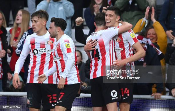 Sunderland player Ross Stewart celebrates with team mates after scoring the opening goal during the Sky Bet League One Play-Off Semi Final 1st Leg...