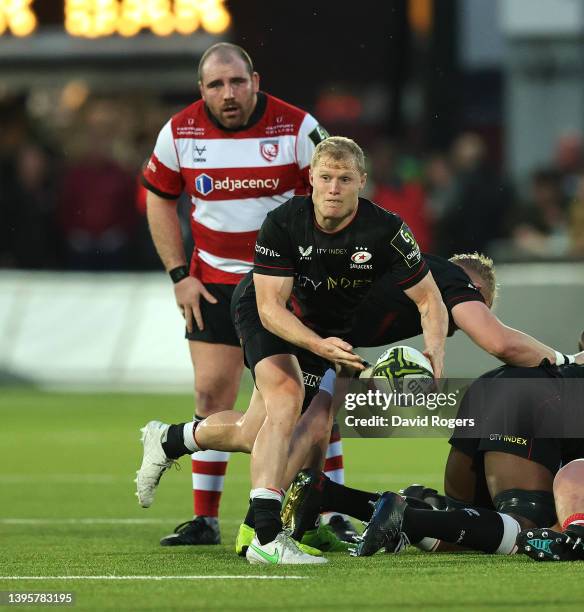 Aled Davies of Saracens passes the ball during the EPCR Challenge Cup Quarter Final match between Gloucester Rugby and Saracens at Kingsholm Stadium...