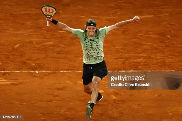Stefanos Tsitsipas of Greece celebrates match point in their quarter-final match against Andrey Rublev during day nine of Mutua Madrid Open at La...