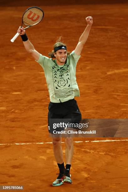 Stefanos Tsitsipas of Greece celebrates match point in their quarter-final match against Andrey Rublev during day nine of Mutua Madrid Open at La...