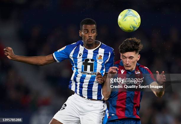 Pepelu of Levante UD competes for the ball with Alexander Isak of Real Sociedad during the La Liga Santander match between Levante UD and Real...