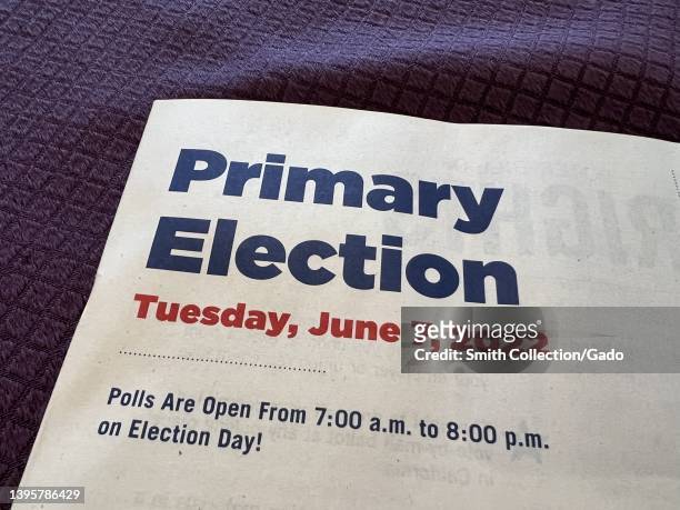 Text reading Primary Election on voter information booklet for 2022 American primary elections, Lafayette, California, May 6, 2022.