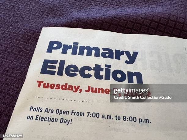 Text reading Primary Election on voter information booklet for 2022 American primary elections, Lafayette, California, May 6, 2022.