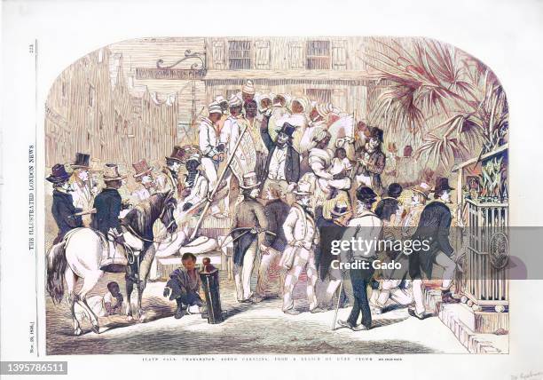 Colorized pro-abolition engraving depicting a slave auction in a city street, captioned "Slave Sale, Charleston, South Carolina, from a Sketch by...