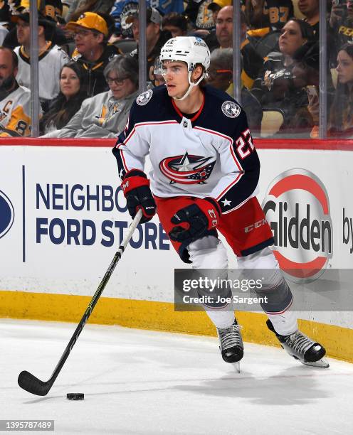 Jake Bean of the Columbus Blue Jackets skates against the Pittsburgh Penguins at PPG PAINTS Arena on April 29, 2022 in Pittsburgh, Pennsylvania.