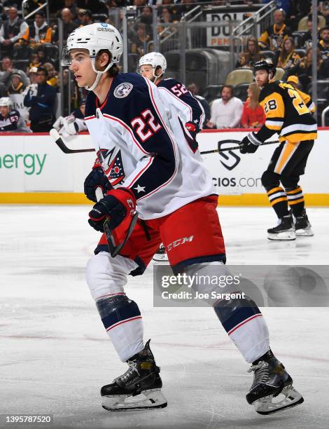 Jake Bean of the Columbus Blue Jackets skates against the Pittsburgh Penguins at PPG PAINTS Arena on April 29, 2022 in Pittsburgh, Pennsylvania.