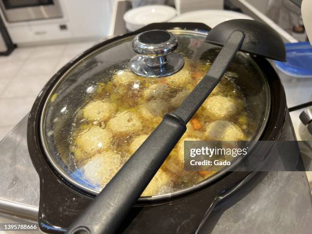 Close-up of Matzah ball soup in a slow cooker, Lafayette, California, April 24, 2022. Photo courtesy Sftm.