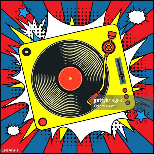 illustrations, cliparts, dessins animés et icônes de disque vinyle vintage sur explosion speech bubble dans le style pop art. - platine de disque vinyle