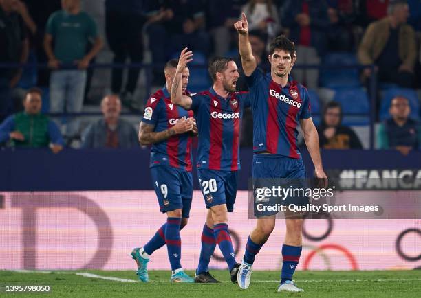 Gonzalo Melero of Levante UD celebrates after scoring their side's second goal during the La Liga Santander match between Levante UD and Real...