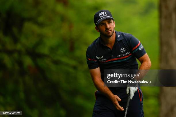 Denny McCarthy of the United States looks on from the eighth tee during the second round of the Wells Fargo Championship at TPC Potomac Clubhouse on...