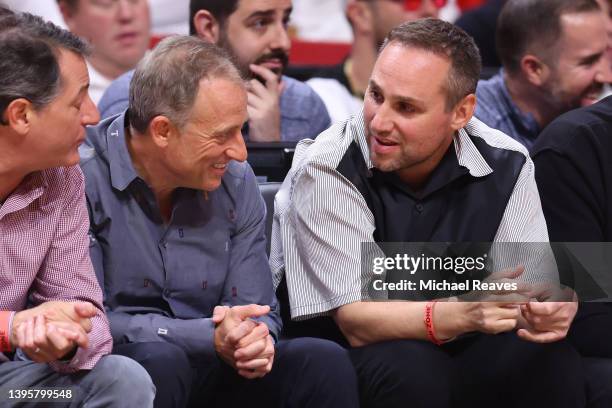 Philadelphia 76ers owners Josh Harris and Michael Rubin look on during the first half in Game Two of the Eastern Conference Semifinals against the...