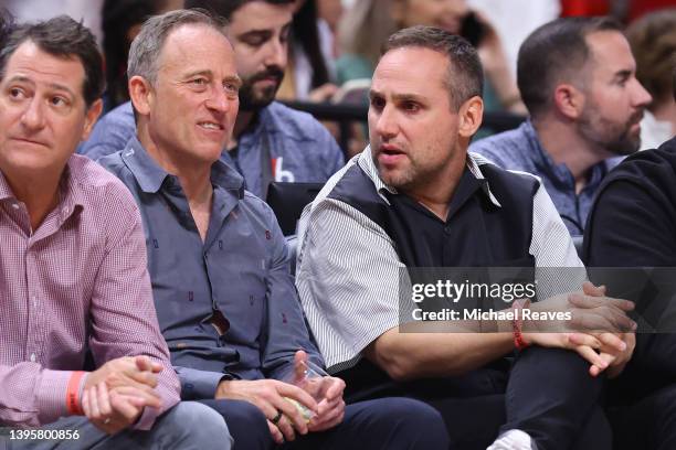 Philadelphia 76ers owners Josh Harris and Michael Rubin look on during the first half in Game Two of the Eastern Conference Semifinals against the...