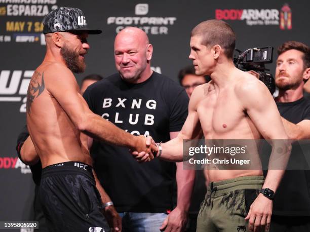 Opponents Donald 'Cowboy' Cerrone and Joe Lauzon face off during the UFC 274 ceremonial weigh-in at the Arizona Federal Theatre on May 06, 2022 in...