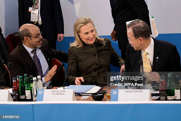 Secretary of State Hillary Clinton talks to Prime Minister of Ethiopia, Meles Zenawi and UN Secretary-General Ban Ki-Moon during the Somalia...
