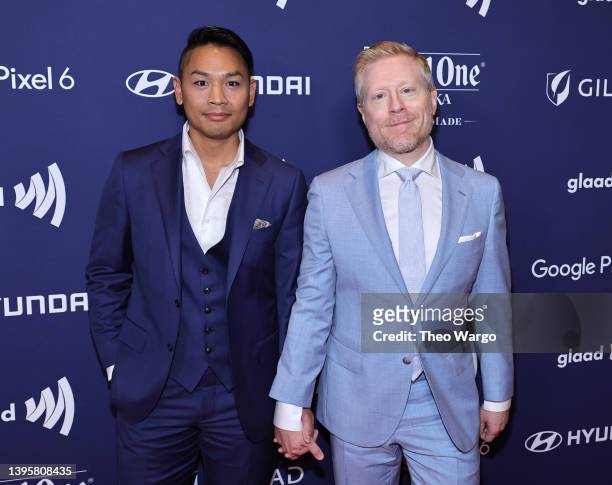 Ken Ithiphol and Anthony Rapp attend 33rd Annual GLAAD Media Awards at New York Hilton Midtown on May 06, 2022 in New York City.