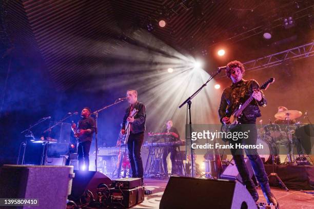 Jacob Valenzuela, Joey Burns, Sergio Mendoza and Jairo Zavala of the American band Calexico perform live on stage during a concert at the Tempodrom...