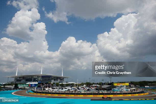 Max Verstappen of the Netherlands driving the Oracle Red Bull Racing RB18 on track during practice ahead of the F1 Grand Prix of Miami at the Miami...