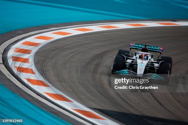 George Russell of Great Britain driving the Mercedes AMG Petronas F1 Team W13 on track during practice ahead of the F1 Grand Prix of Miami at the...