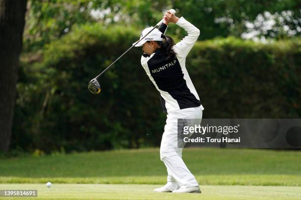 Sakura Yokomine of Japan hits her tee shot on the 4th hole during the third round of World Ladies Championship Salonpas Cup at Ibaraki Golf Club on...