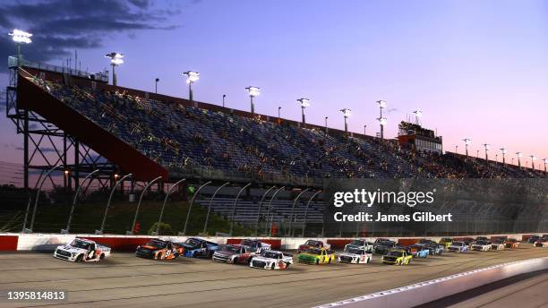 John Hunter Nemechek, driver of the Mobil 1 Toyota, leads the field to start the NASCAR Camping World Truck Series Dead on Tools 200 at Darlington...