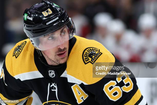 Brad Marchand of the Boston Bruins looks on during the first period Game Three of the First Round of the 2022 Stanley Cup Playoffs against the...