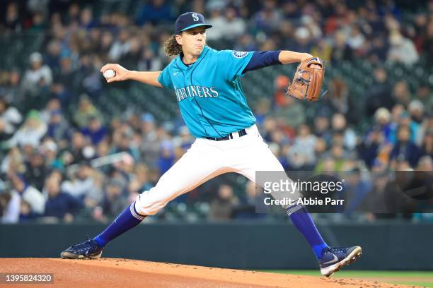 Logan Gilbert of the Seattle Mariners pitches against the Tampa Bay Rays during the first inning at T-Mobile Park on May 06, 2022 in Seattle,...