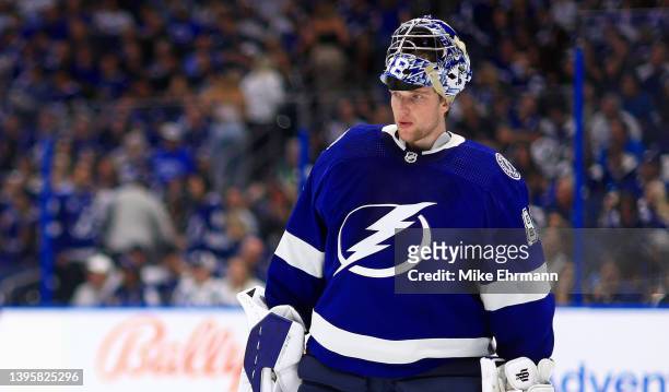 Andrei Vasilevskiy of the Tampa Bay Lightning looks on in the third period during Game Three of the First Round of the 2022 Stanley Cup Playoffs...