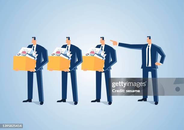 stockillustraties, clipart, cartoons en iconen met dismissal and unemployment, angry boss pointing index finger at businessman walking out with documents, economic development and slump in human resources - uitzendbureau