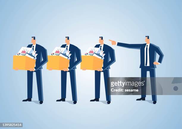 dismissal and unemployment, angry boss pointing index finger at businessman walking out with documents, economic development and slump in human resources - being fired stock illustrations