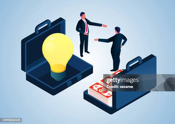 isometric businessman selling ideas to client standing near suitcase full of banknotes, businessman trying to convince client to buy his creative light bulb, creativity and marketing. - business sponsor stock illustrations