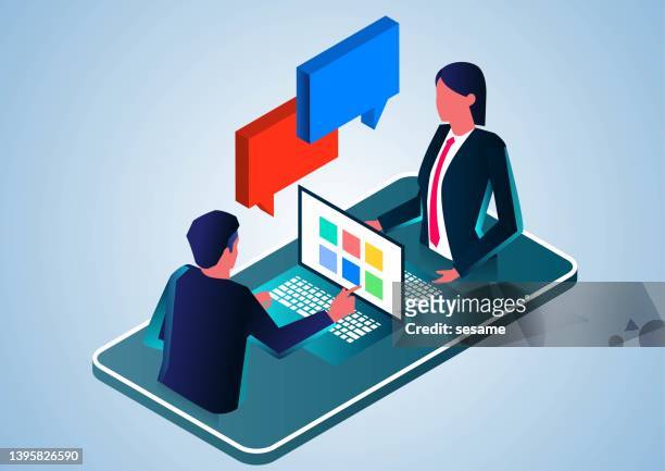 stockillustraties, clipart, cartoons en iconen met isometric businessman and businesswoman using computer network for conversation and communication, working from home, web conference - bijwonen
