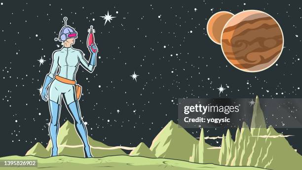 vector retro pop art female space ranger in space stock illustration - 1930s era stock illustrations